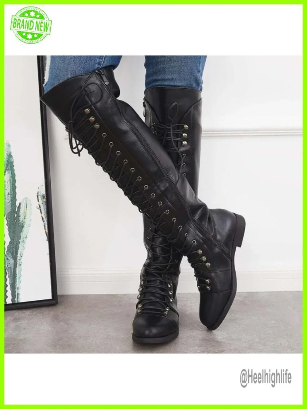 Over The Knee Lace-up Flat Long Boots PU Leather Riding Boot